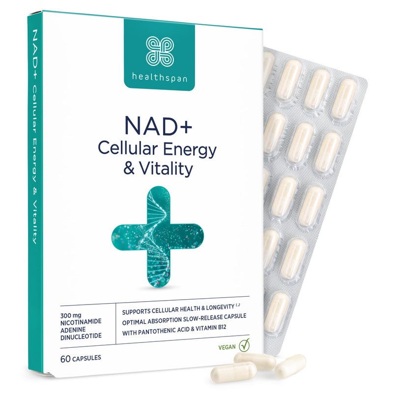 Healthspan NAD+ Cellular Energy & Vitality (60 Capsules) | for Cellular Health & Longevity | 300mg Pure NAD+ | Delayed Release Capsules for Optimal Absorption | Added Vitamins B5 & B12 | Vegan